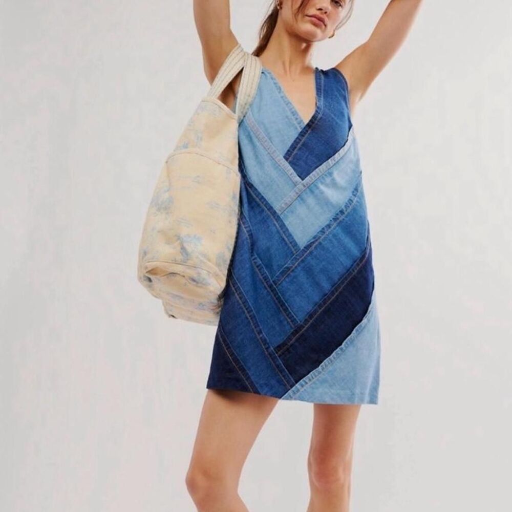 Free People Patches Of Denim Mini Dress L Boho Festival Cowgirl Indie